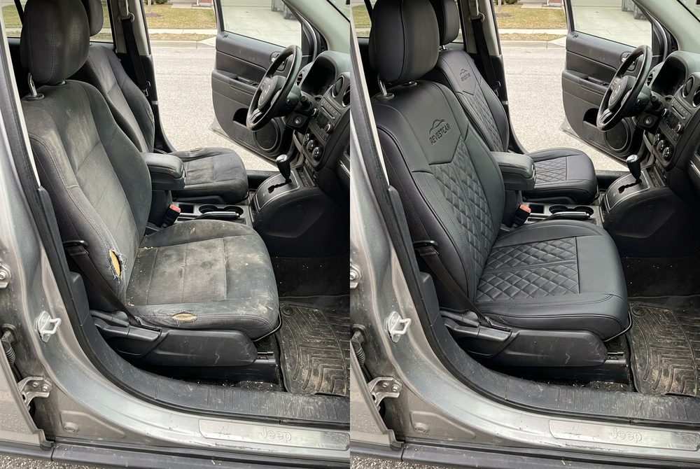 Comparativo antes e depois do banco com a capa instalada